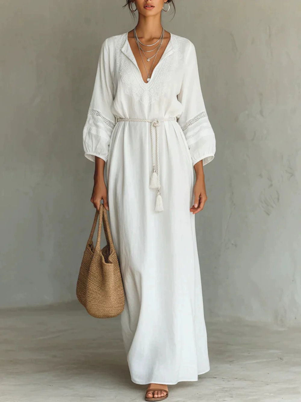 ZARA Spring Loose Fit Slim Waist Artistic Elegant Solid Heavy Lace Long Dress